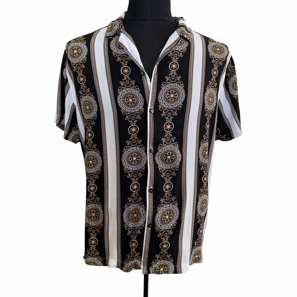 Level Ten Couture Baroque Camp Shirt Large Button Up Medallion Greek Streetwear